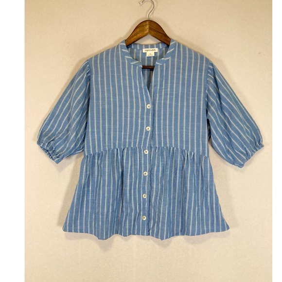 Ingrid & Isabel Tops - Coastal Ingrid & Isabel Women XS Blue Striped Puff‎ Sleeve Peplum Button Top